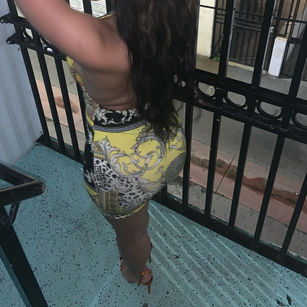 Yellow print, halter dress